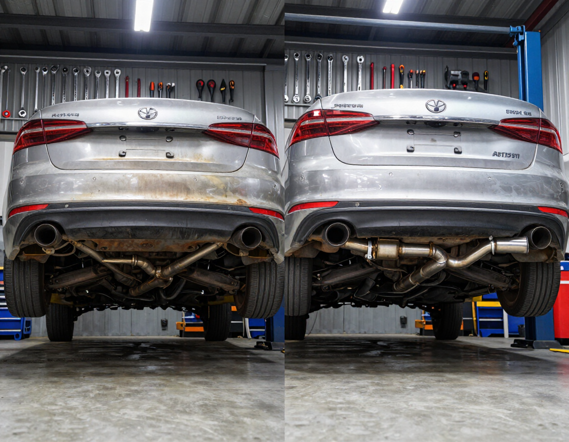 Antes y después de un reemplazo de escape en auto