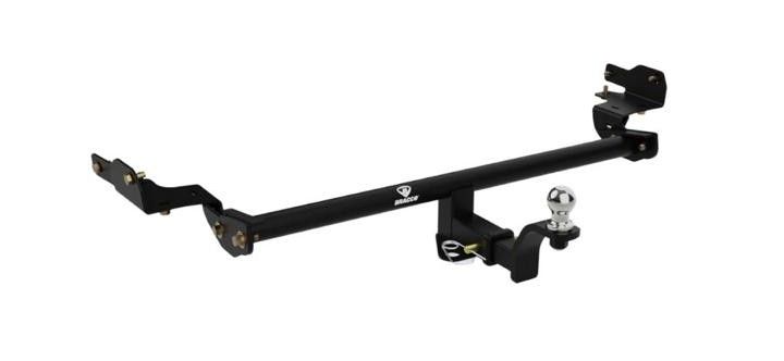 Portacargas de metal negro para enganche de remolque con abrazaderas y soporte de bola sobre fondo blanco