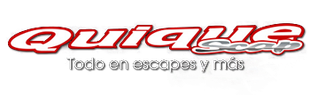 Logo rojo y gris de “Quique” con el texto “Todo en escapes y más” sobre fondo blanco