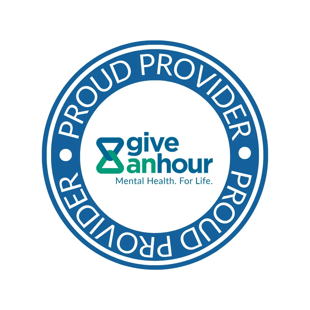 Blue circular “Proud Provider” badge with Give an Hour logo and “Mental Health. For Life.” text