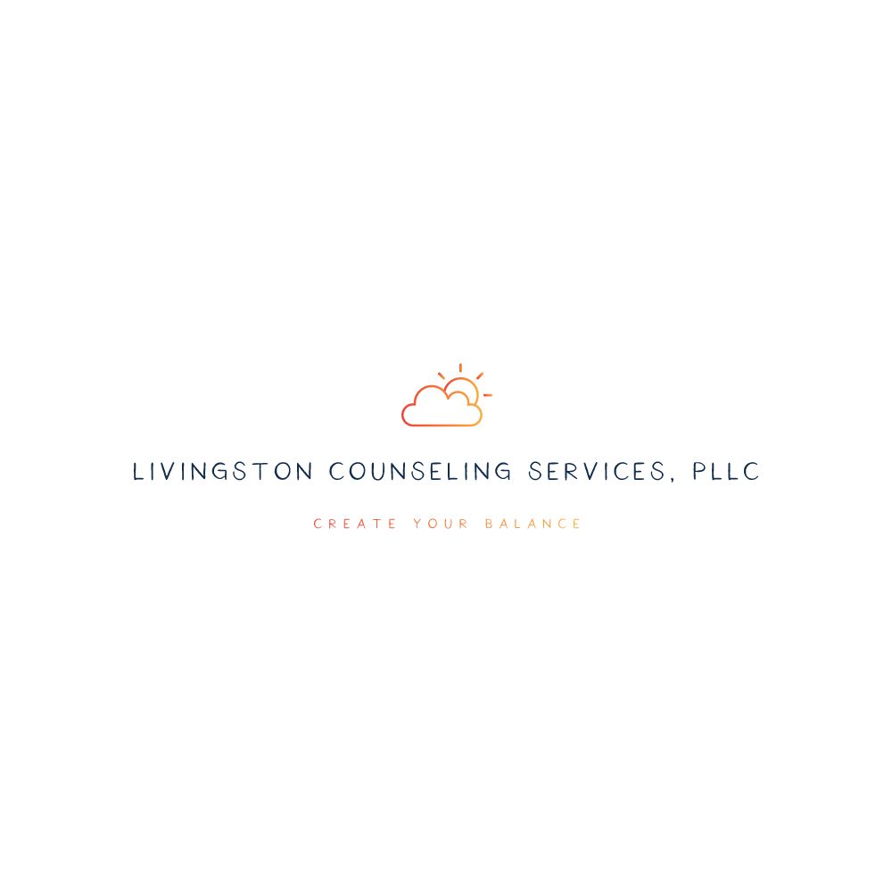 Logo for Livingston Counseling Services, PLLC with a small orange sun icon and “Create your balance” tagline