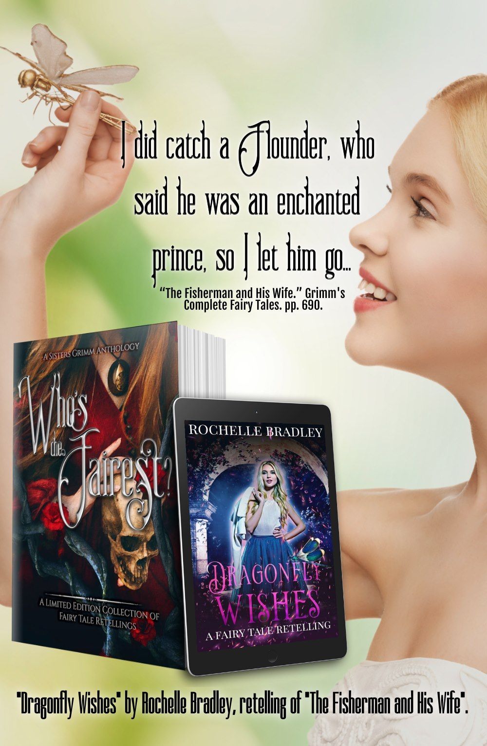 Woman holding a dragonfly and book, smiling. Book cover art features skull, and text