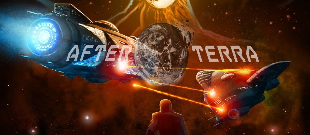 A sci-fi scene: spaceships firing lasers at each other near a planet,