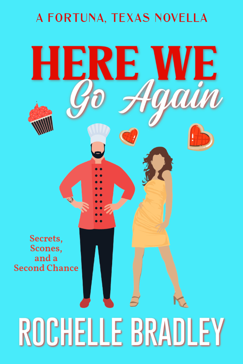 Book cover: A chef and a woman stand on a light blue background with red text. Title is