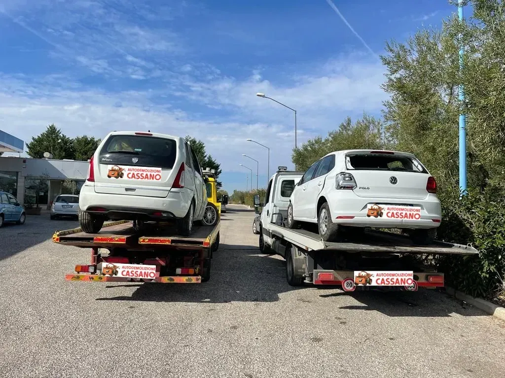 Due SUV bianchi caricati su carri attrezzi a pianale ribassato sul ciglio della strada sotto un cielo azzurro