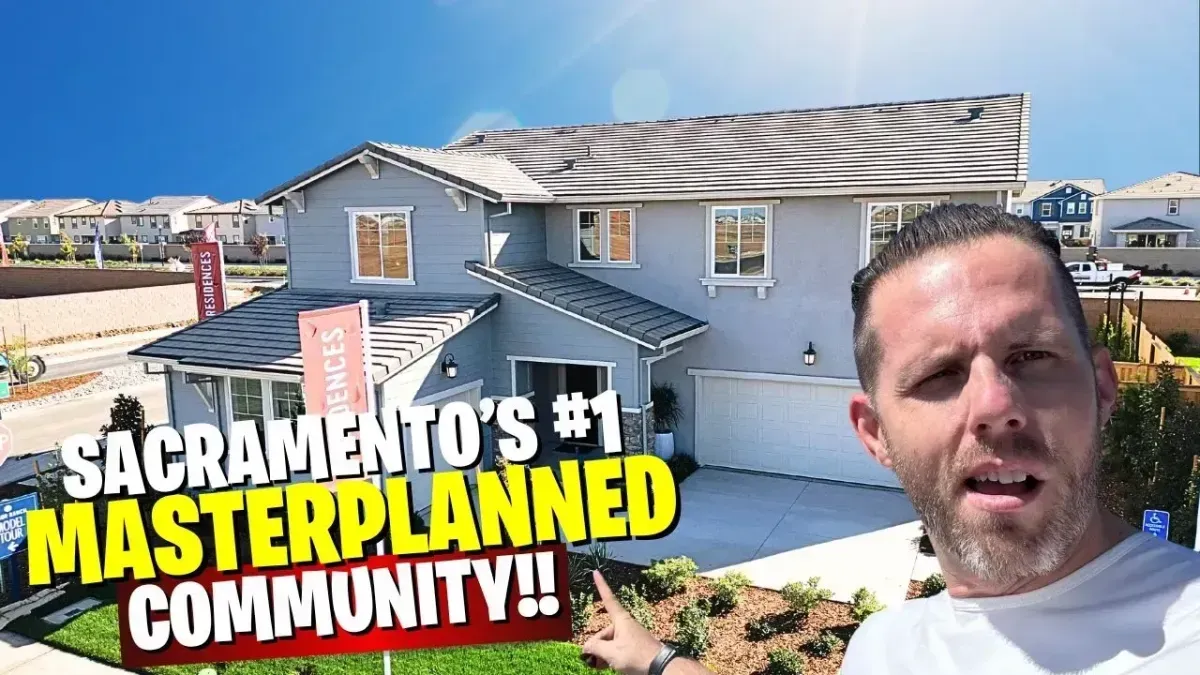 Split-screen of a house and a man, with bold text reading “Sacramento’s #1 masterplanned community!!”