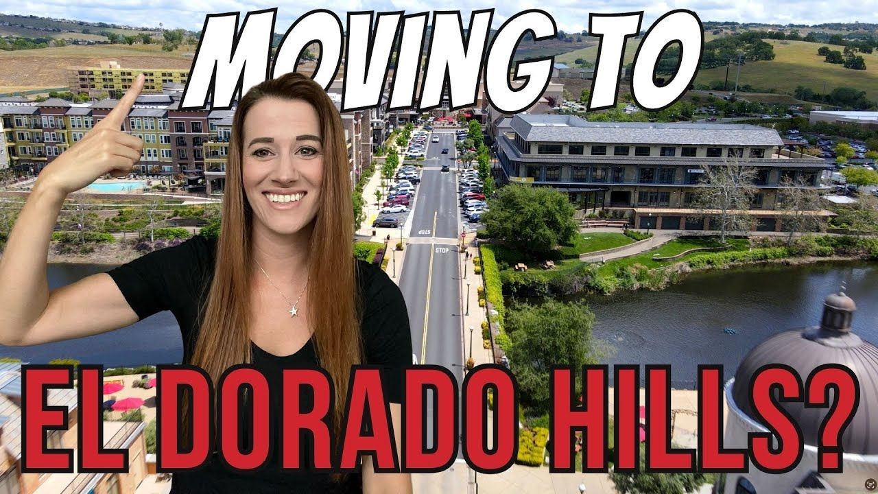 Woman posing in front of an aerial neighborhood view with text: “MOVING TO EL DORADO HILLS?”