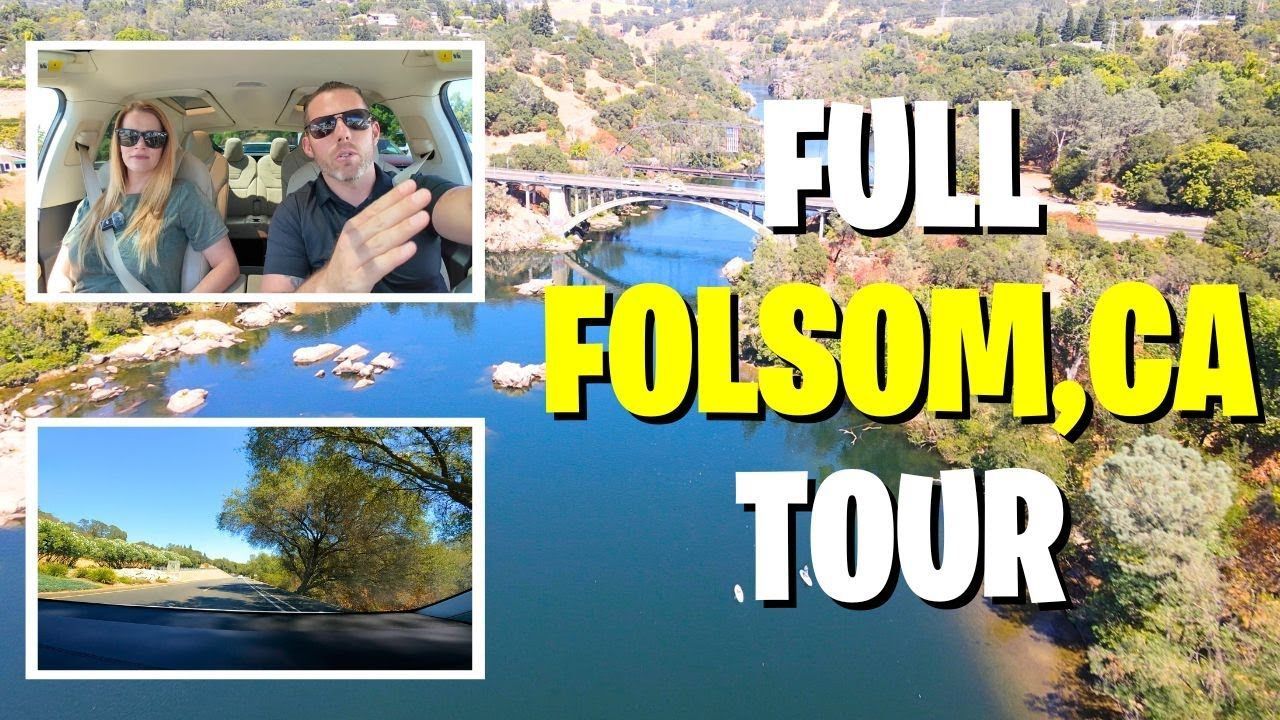 Folsom, CA tour thumbnail with two people in a car and a scenic lake bridge backdrop