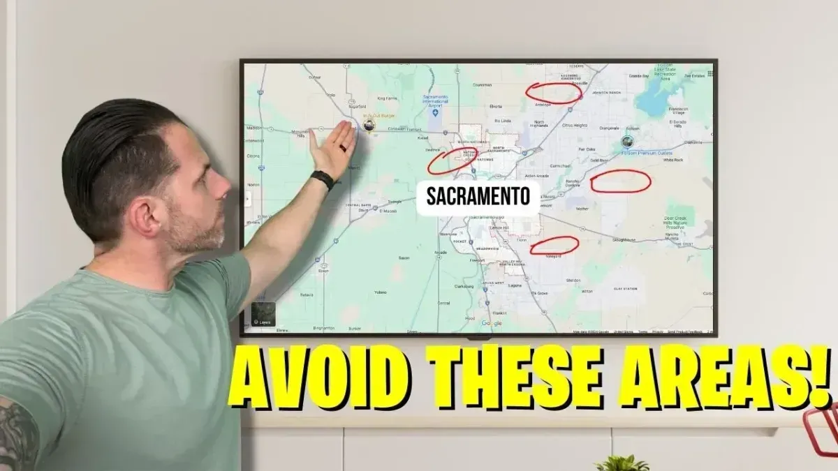 Man points to a map labeled Sacramento with bold text: “AVOID THESE AREAS!”