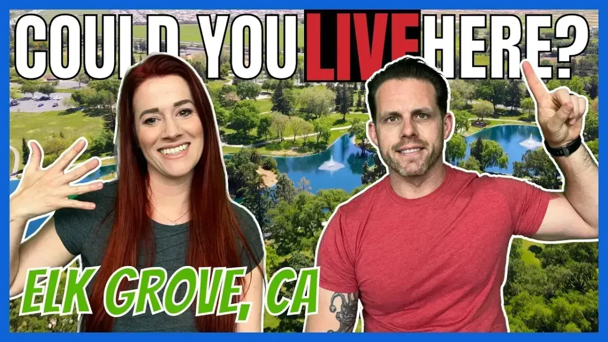 Two people in front of a scenic town view with text “COULD YOU LIVE HERE?” and “ELK GROVE, CA”