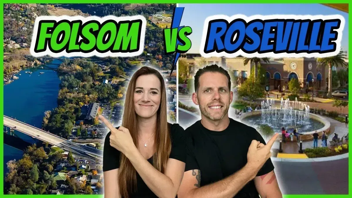 Folsom vs Roseville comparison graphic with two presenters and aerial city views