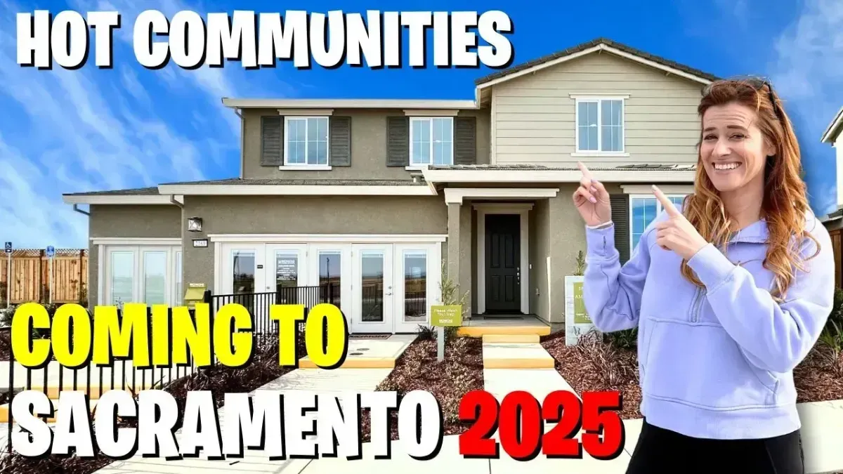 Hot communities coming to Sacramento 2025, with a smiling woman pointing at a house build site