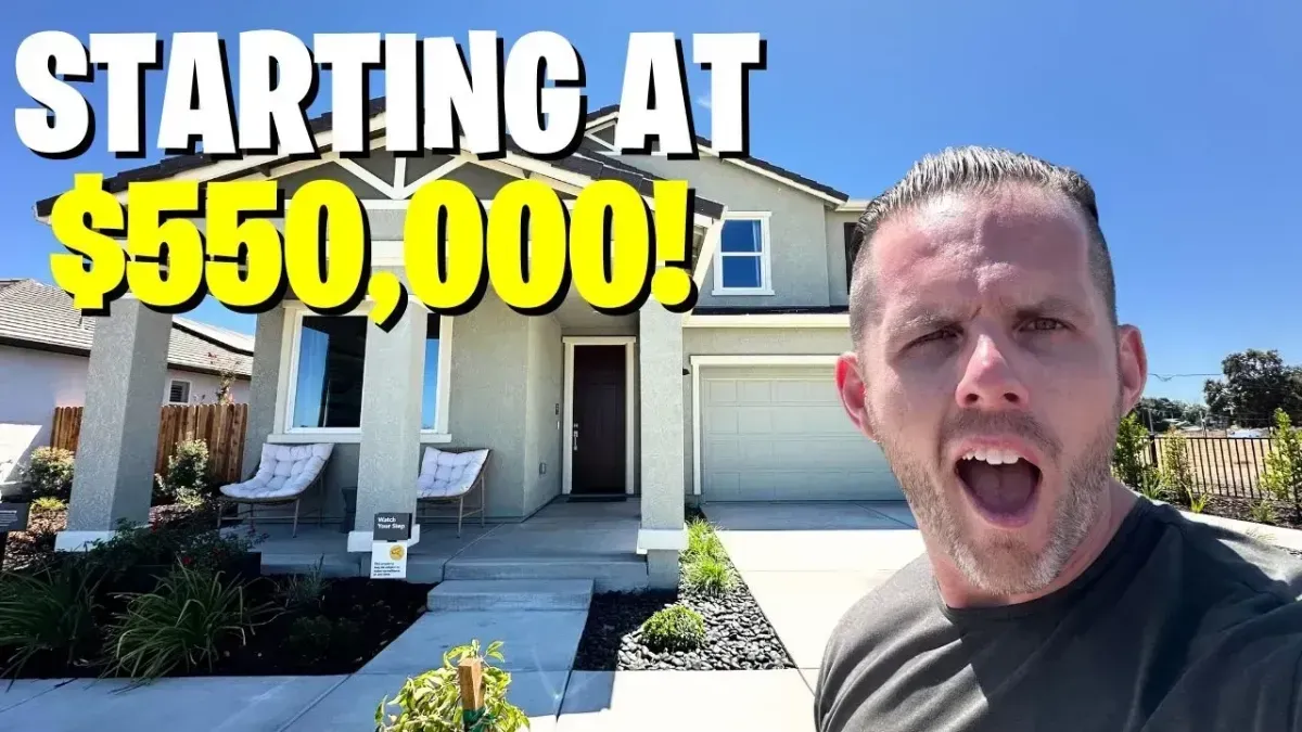 House exterior with bold text “STARTING AT $550,000!” and a surprised man’s face in the foreground