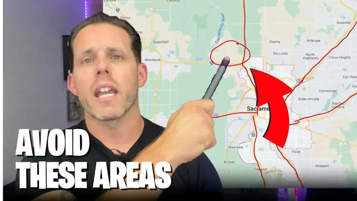 Presenter pointing at a circled map area with red arrow and bold text: “AVOID THESE AREAS”