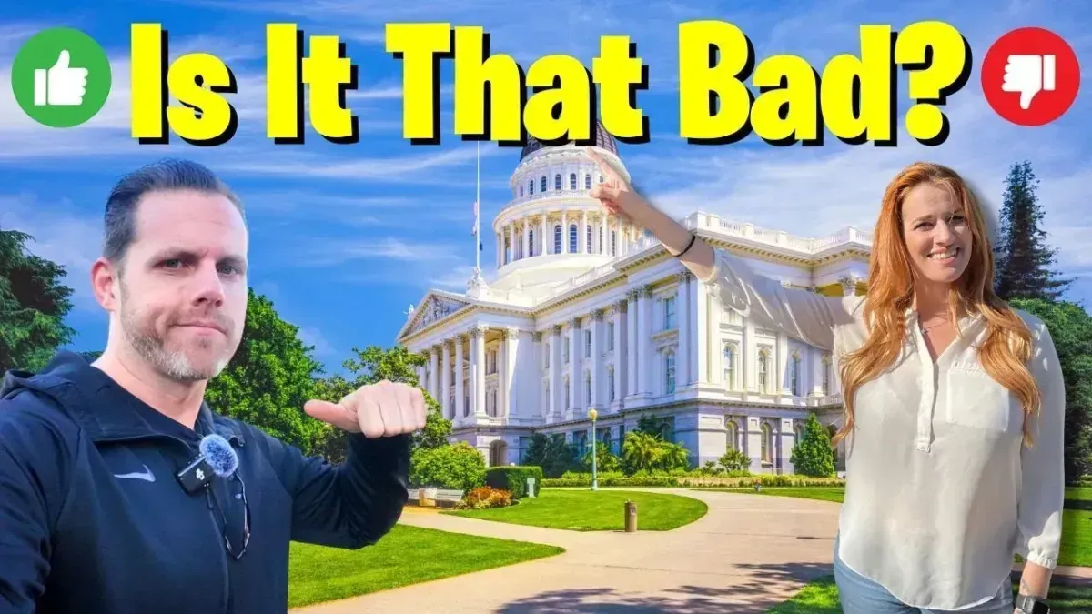 YouTube-style thumbnail with a man and woman in front of a large capitol building, text says “Is It That Bad?”