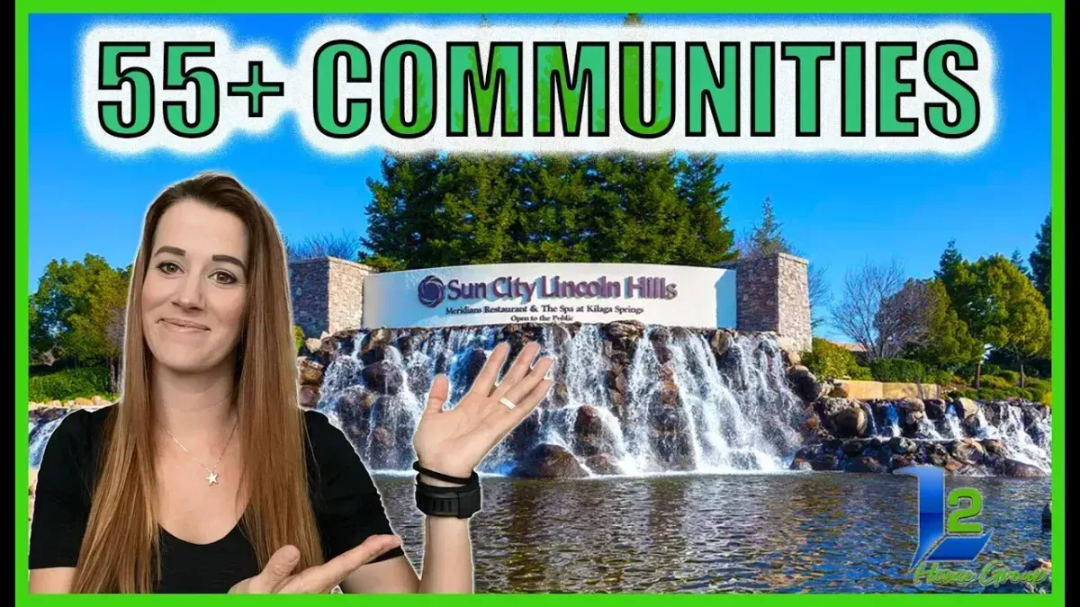 “55+ COMMUNITIES” thumbnail with woman gesturing beside a SunnyD retirement hill sign and waterfall background