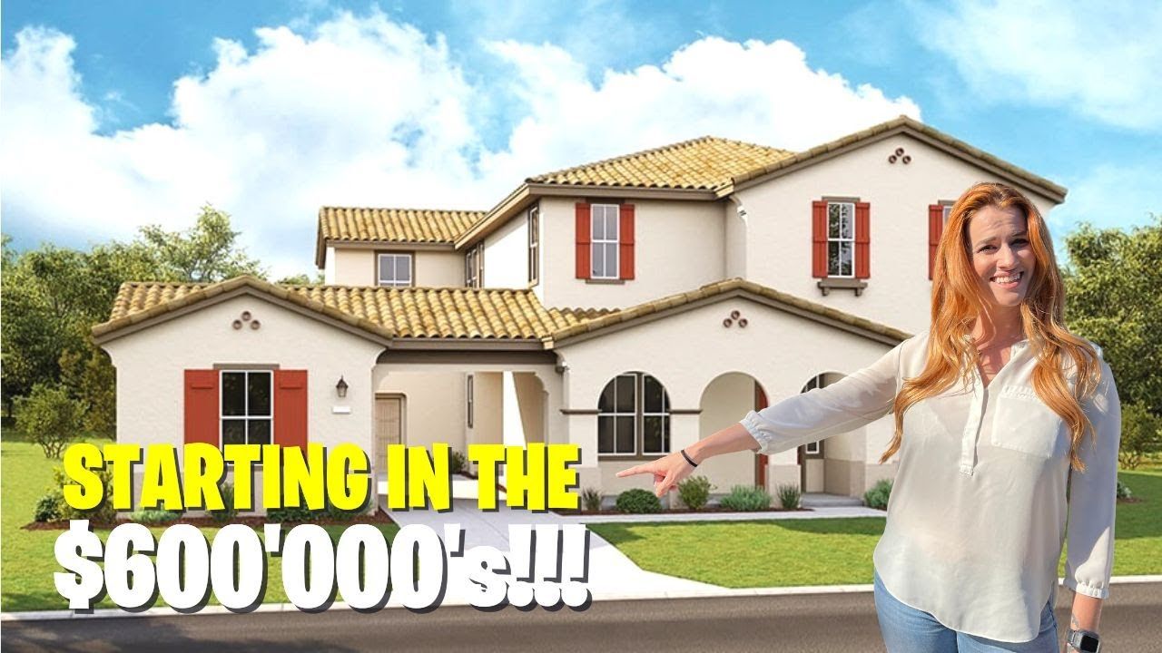 Modern house with bold text “STARTING IN THE $600’000’S!!!” and a smiling woman on the right