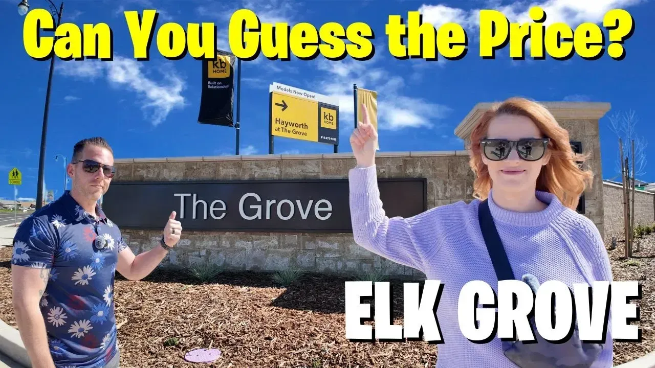 Two people standing by The Grove sign in Elk Grove under a blue sky, with “Can You Guess the Price?” text.