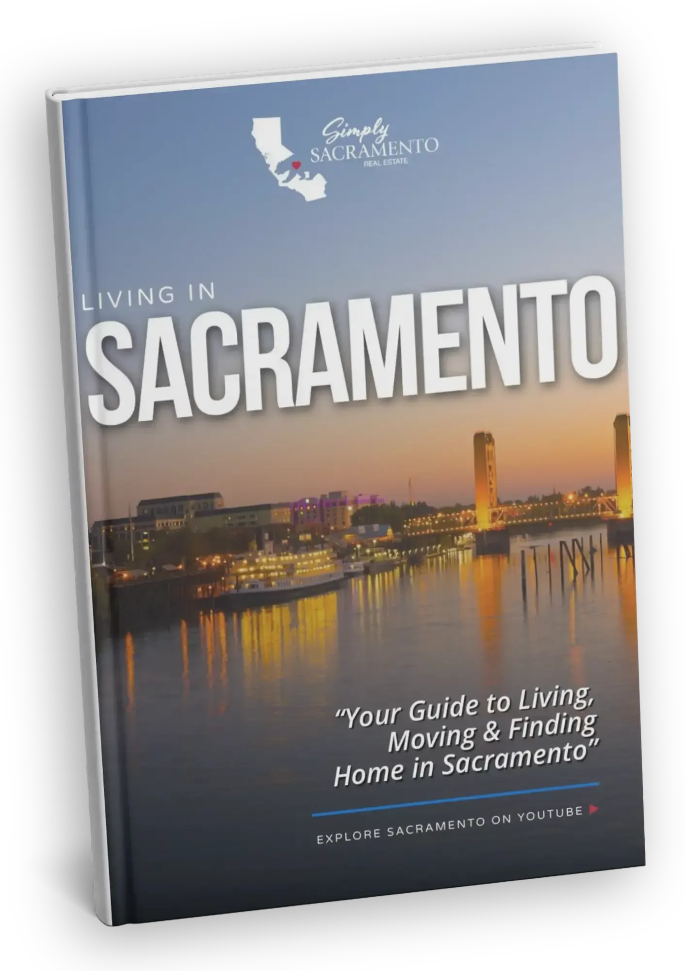 Sacramento travel guide cover with Capitol building and bold white title over a cloudy sky