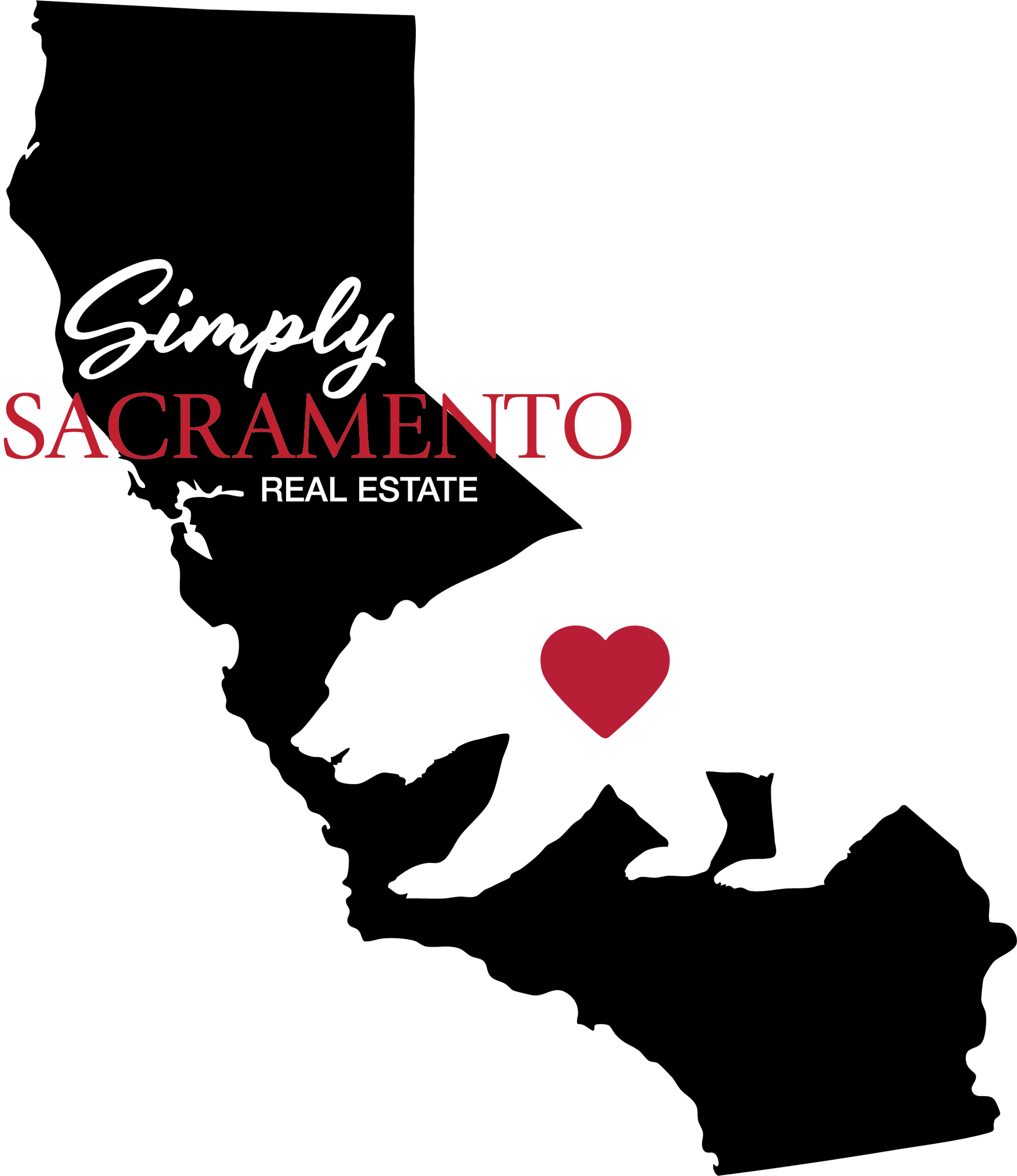 Simply Sacramento Real Estate logo over black Sacramento map with red heart