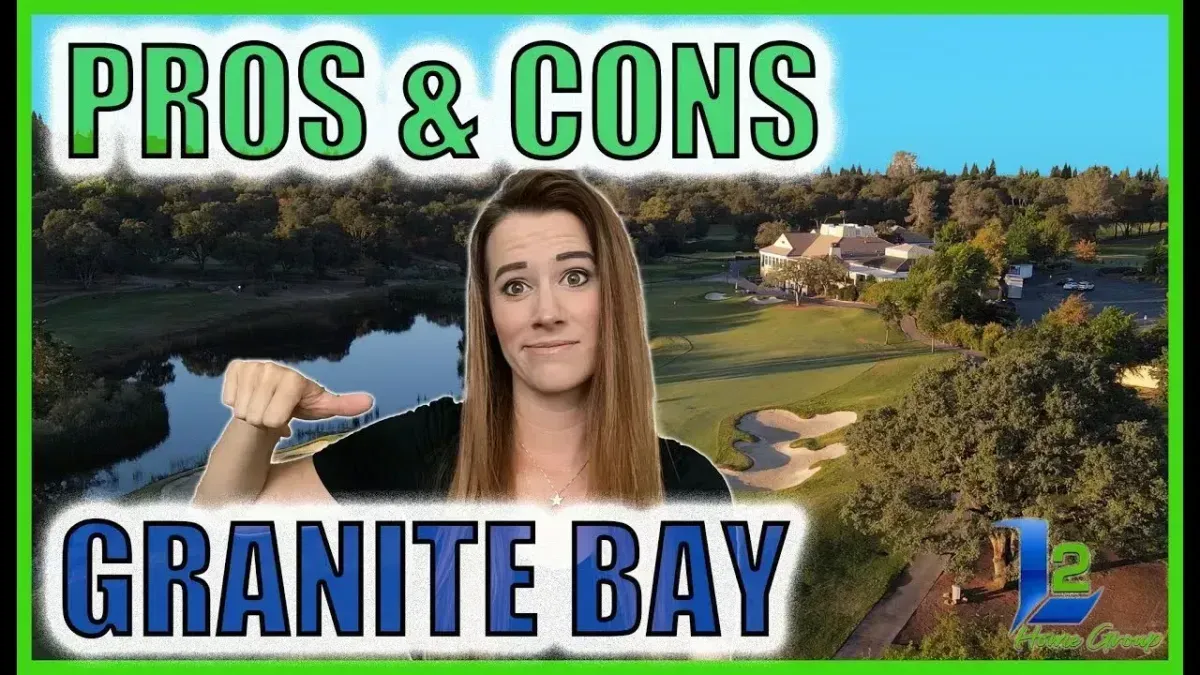 Thumbnail reading “Pros & Cons Granite Bay” with a woman pointing at a scenic lake and golf course background