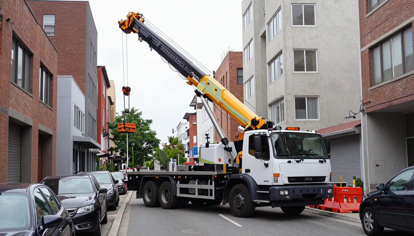 Equipo de elevación con grúa montada en un camión, en una calle estrecha de la ciudad entre edificios de apartamentos.