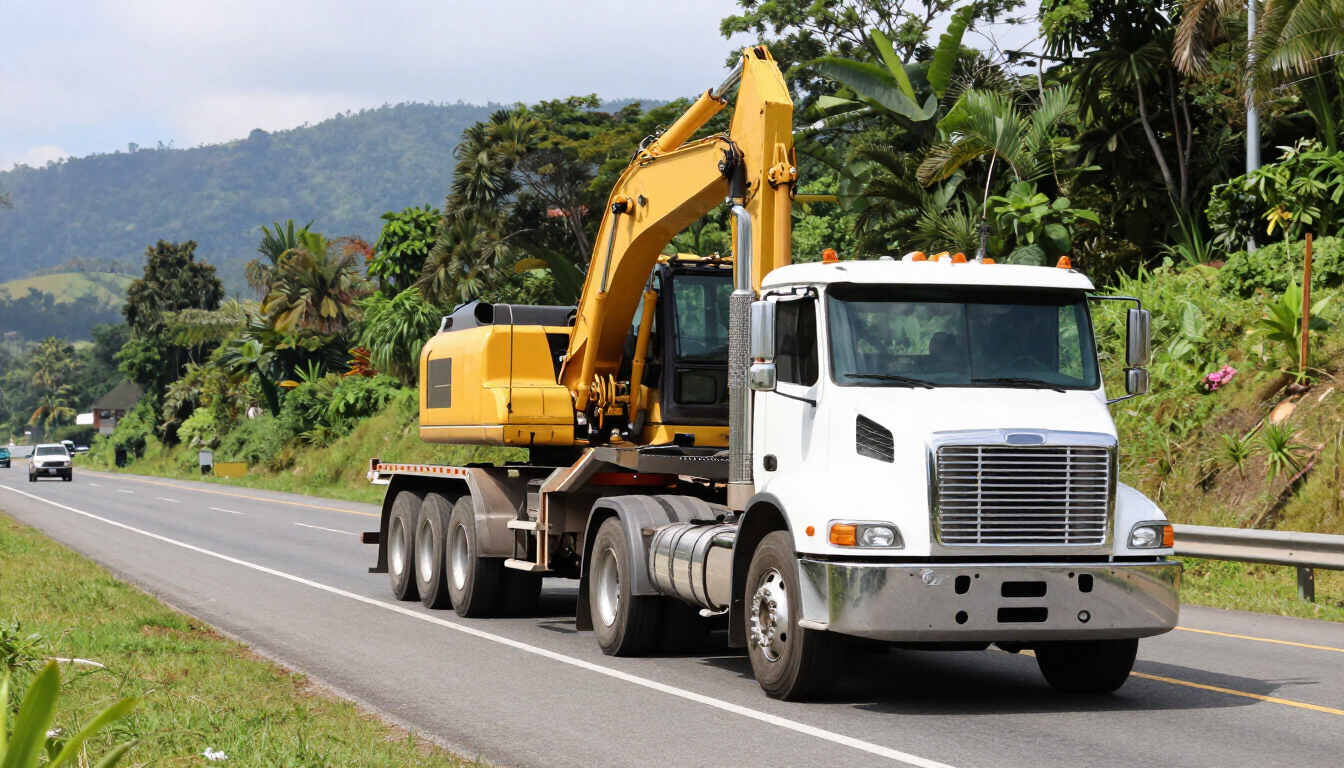 Excavadora amarilla sobre un camión blanco que circula por una carretera rural sinuosa