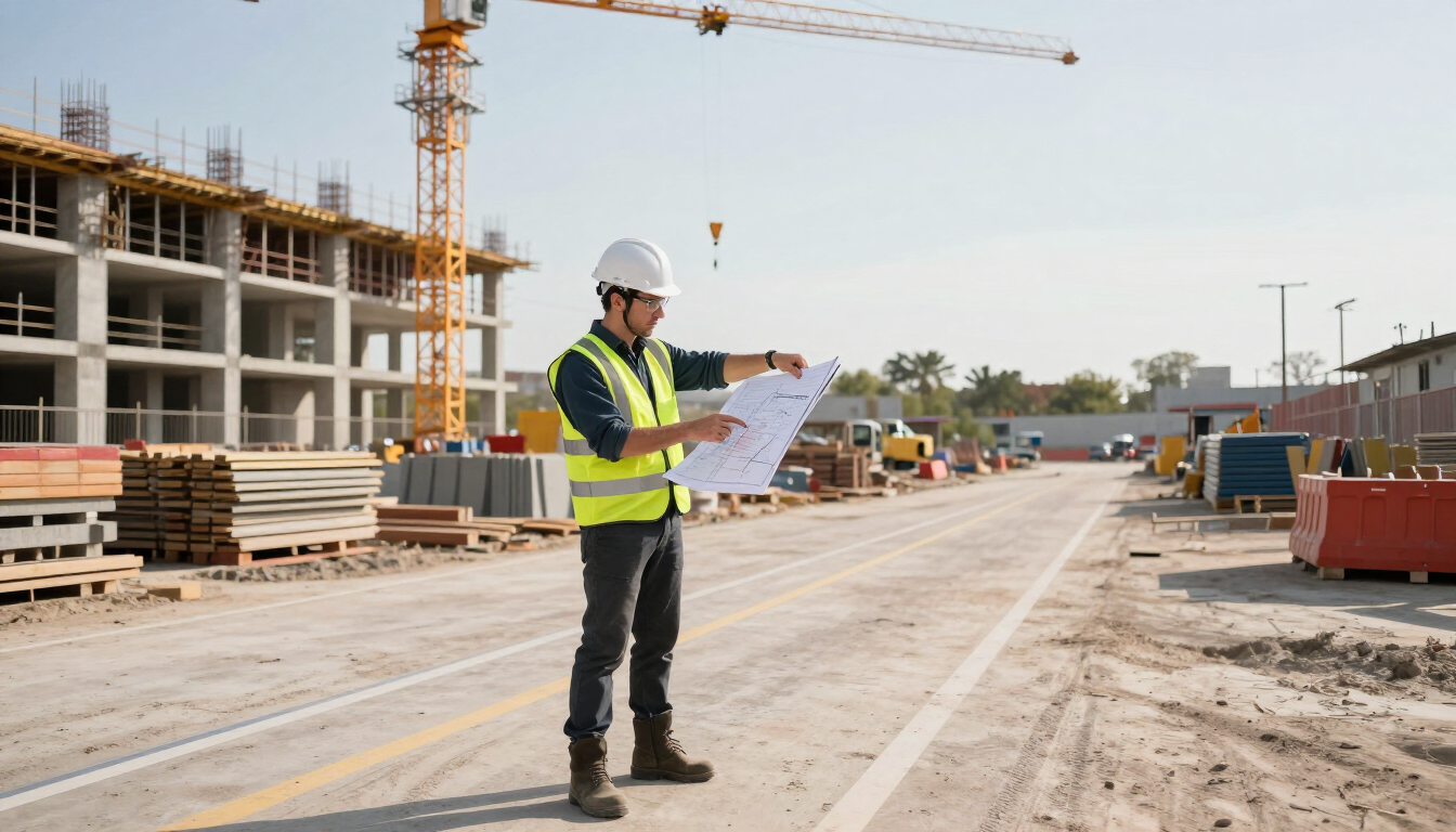 Obrero de la construcción con casco y chaleco de seguridad revisando los planos en una obra vial