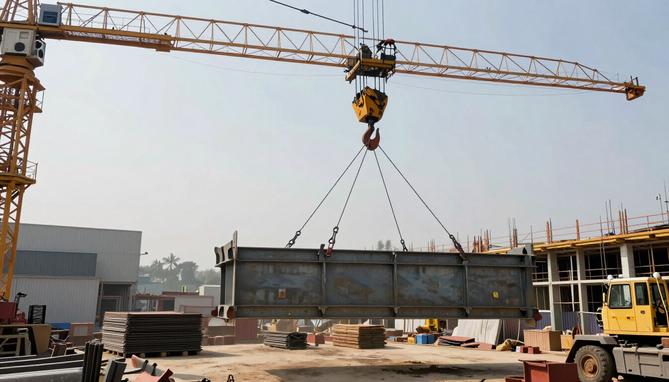 Una grúa de construcción eleva una viga de acero en una obra, con trabajadores y maquinaria debajo