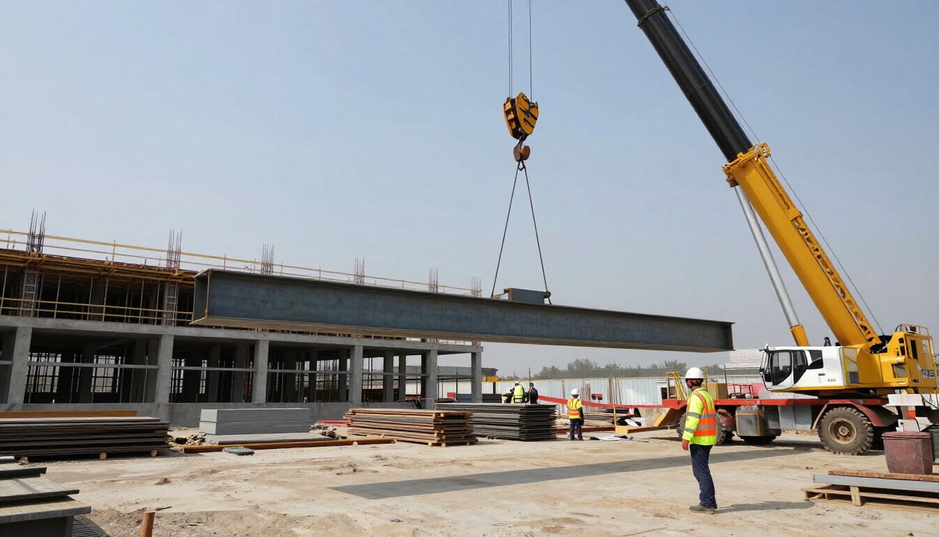 Obra en construcción con una grúa levantando una gran viga sobre los trabajadores y una estructura a medio construir