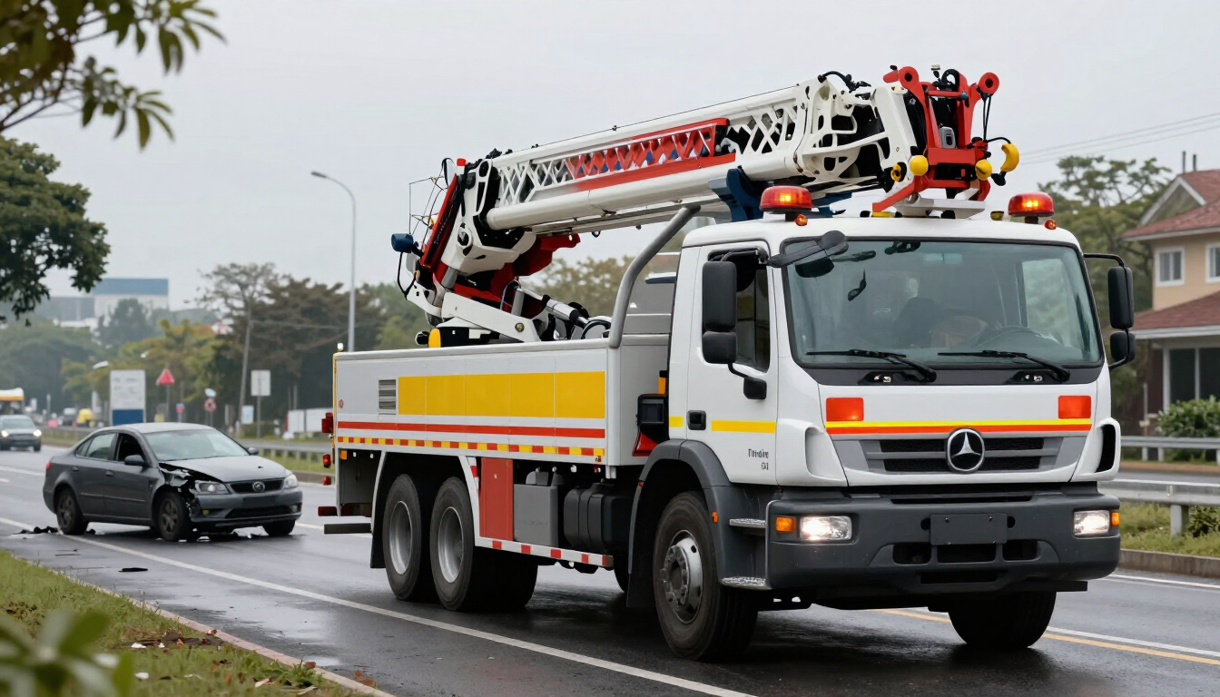 Camión de bomberos en una carretera lluviosa junto a un coche negro, con una escalera montada en el techo.