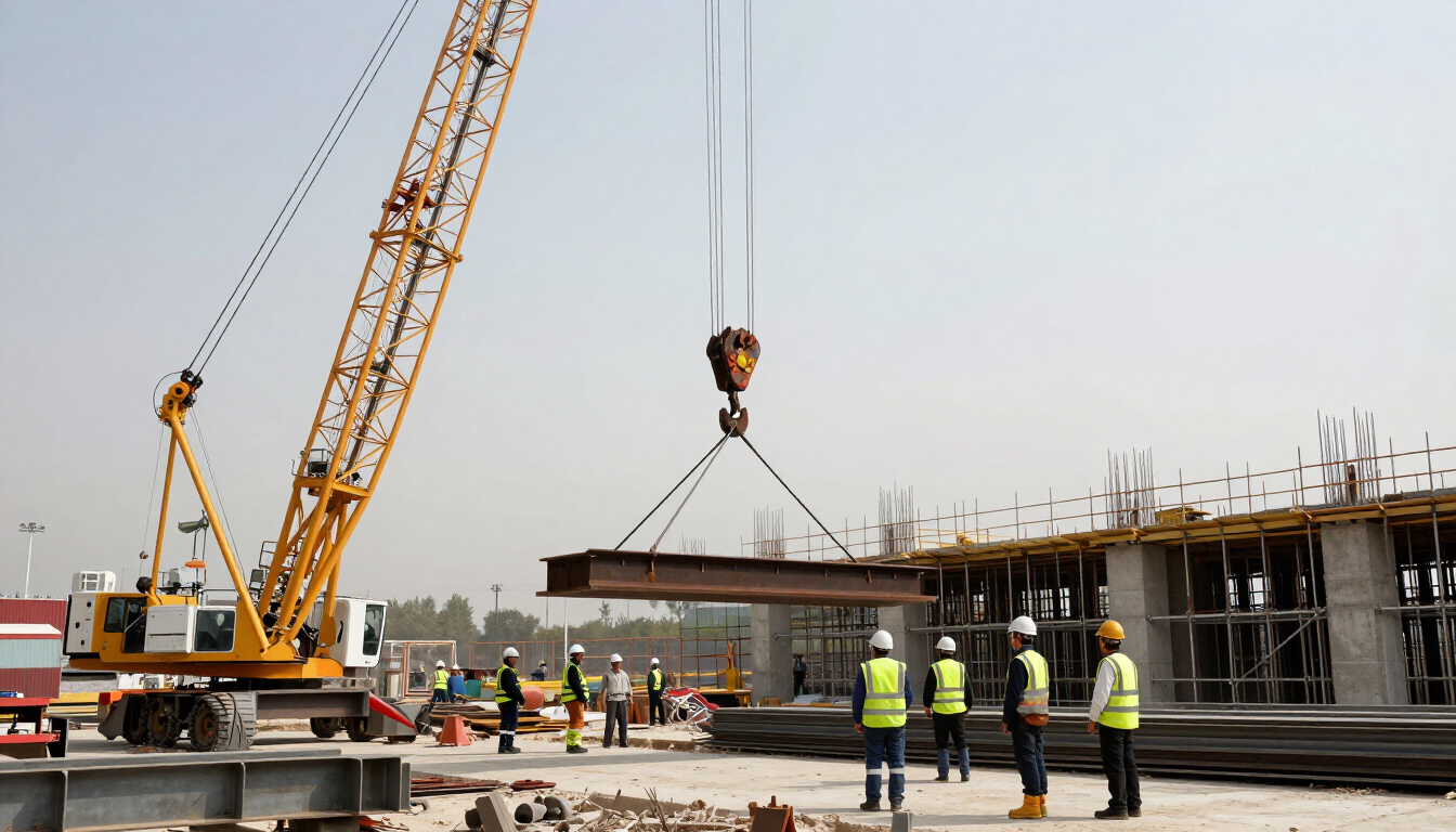 Obra en construcción con una grúa levantando una viga sobre unos trabajadores cerca de una estructura parcialmente construida
