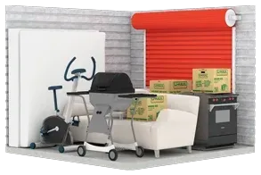 A room with a couch , grill , oven and boxes.