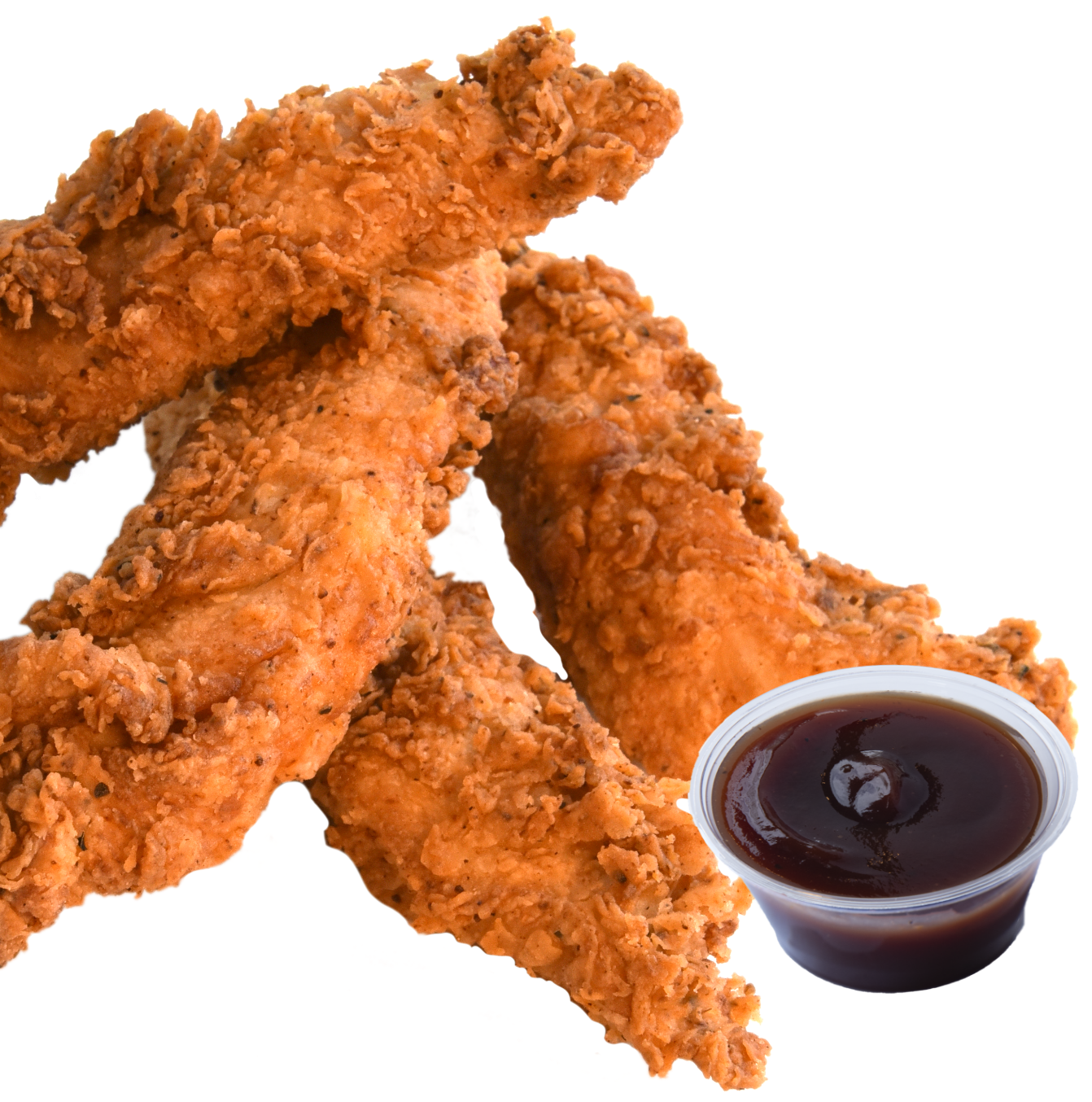 Fried chicken fingers next to a cup of barbecue sauce