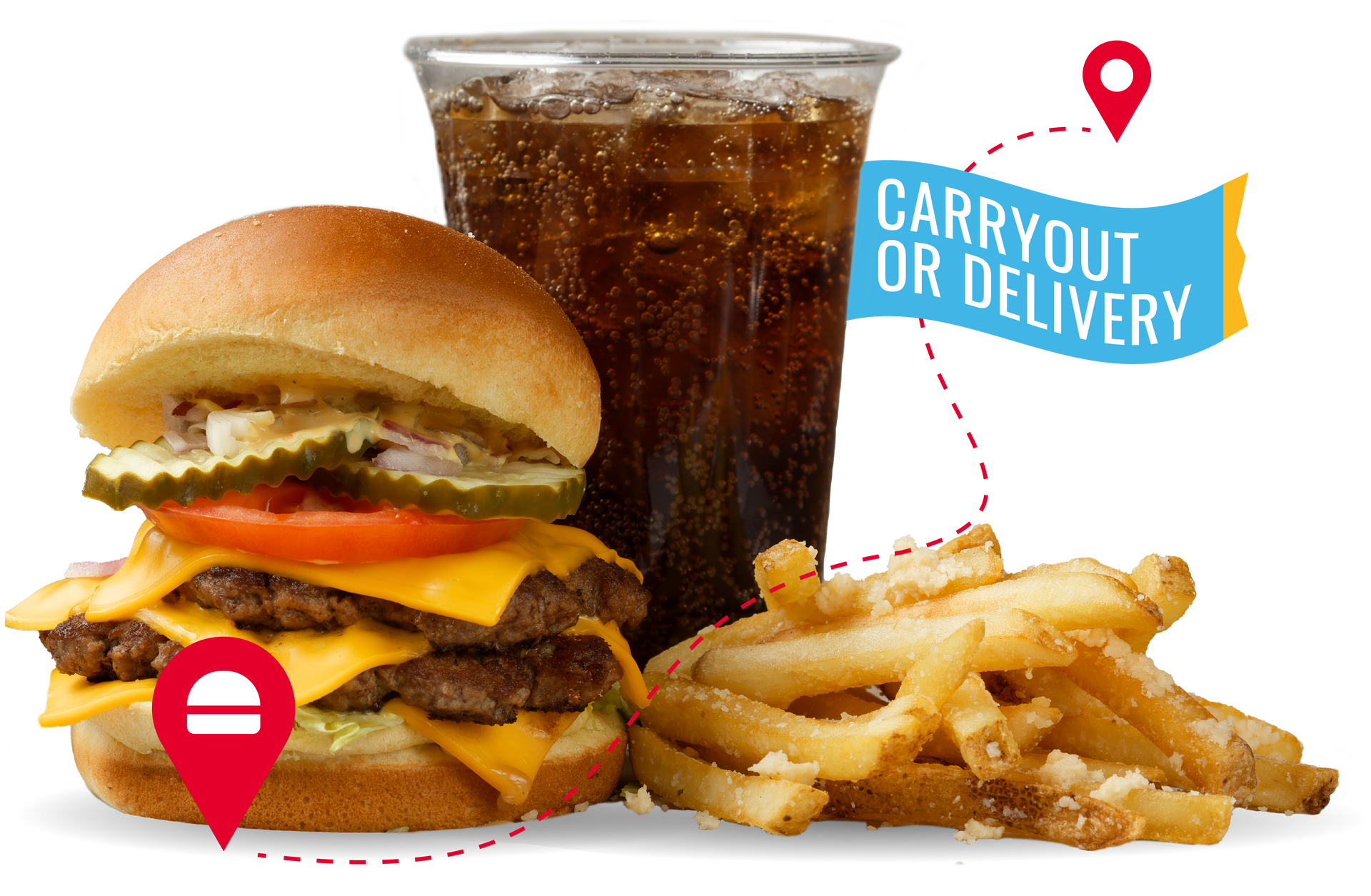 A hamburger and french fries next to a cup of soda.