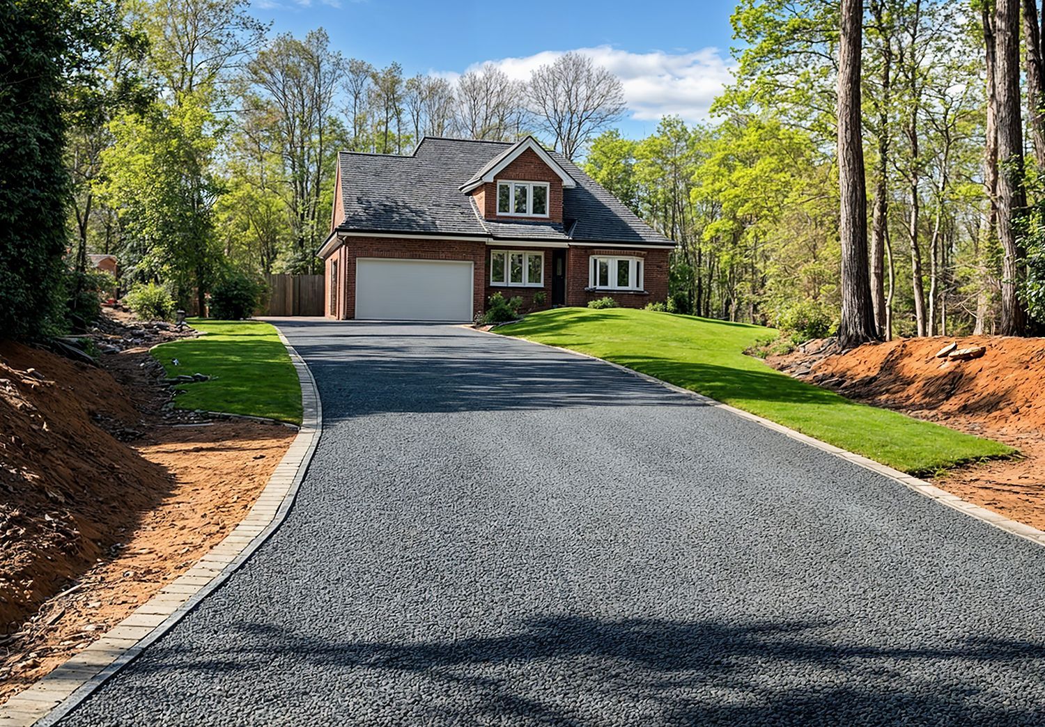 Freshly paved asphalt driveway leading to a brick house surrounded by trees. Freshly paved asphalt driveway leading to a brick house surrounded by trees.