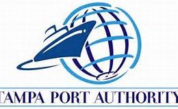 Logo for the Tampa Port Authority featuring a dark blue ship silhouette orbiting a blue globe, with text below.