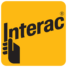 The interac logo is yellow and black and has a hand on it.