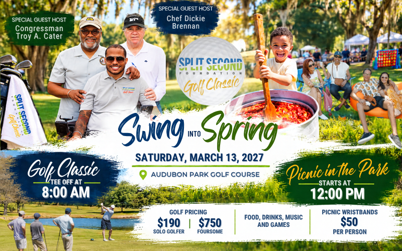 Swing into Spring flyer: Split Second Golf Classic tees off at 8:00 AM and Picnic in the Park starts at 12:00 PM on Saturday, March 13, 2027, at Audubon Park Golf Course. Golf is $190 solo or $750 per foursome; picnic wristbands are $50 per person.