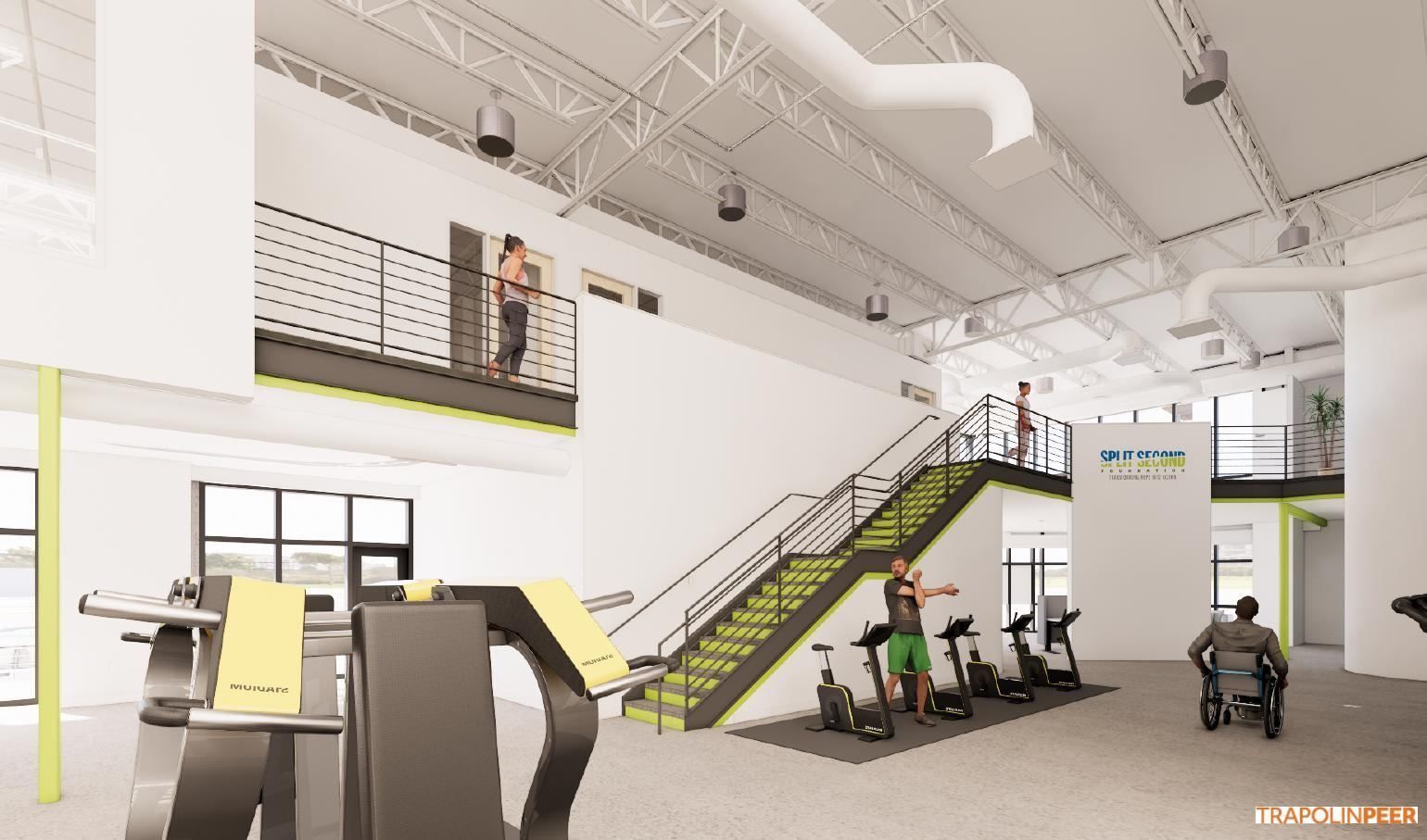 Rendering of the planned two-story training floor with adaptive equipment, bikes and a staircase to the mezzanine
