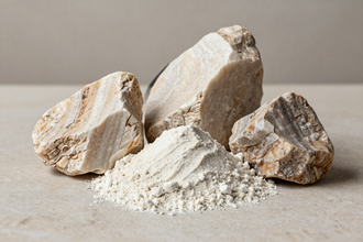 Rocas minerales blancas con un montón de polvo sobre una superficie beige