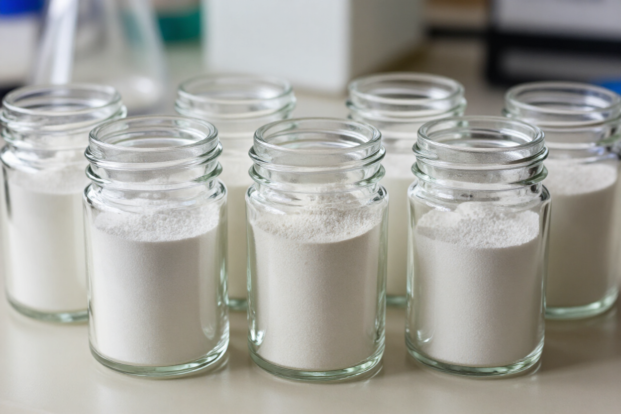 Varios frascos de vidrio transparente llenos de polvo blanco, dispuestos en filas sobre una mesa