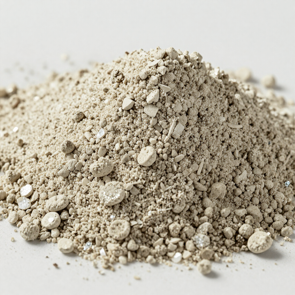 Montón de polvo beige claro con pequeños grumos sobre una superficie blanca