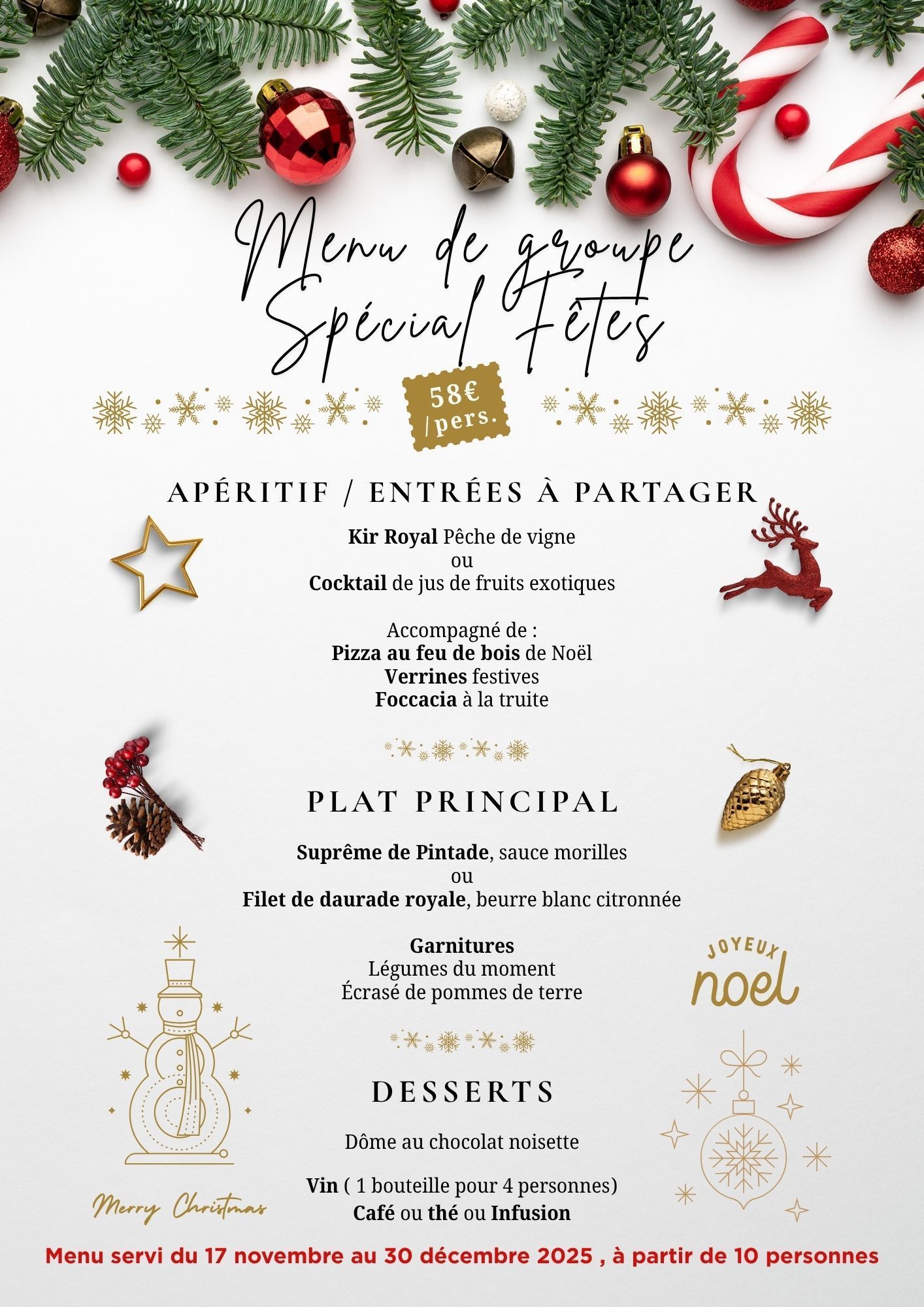 Un menu de groupe sur le thème des fêtes à 55 euros par personne, comprenant entrées, plats principaux et desserts.