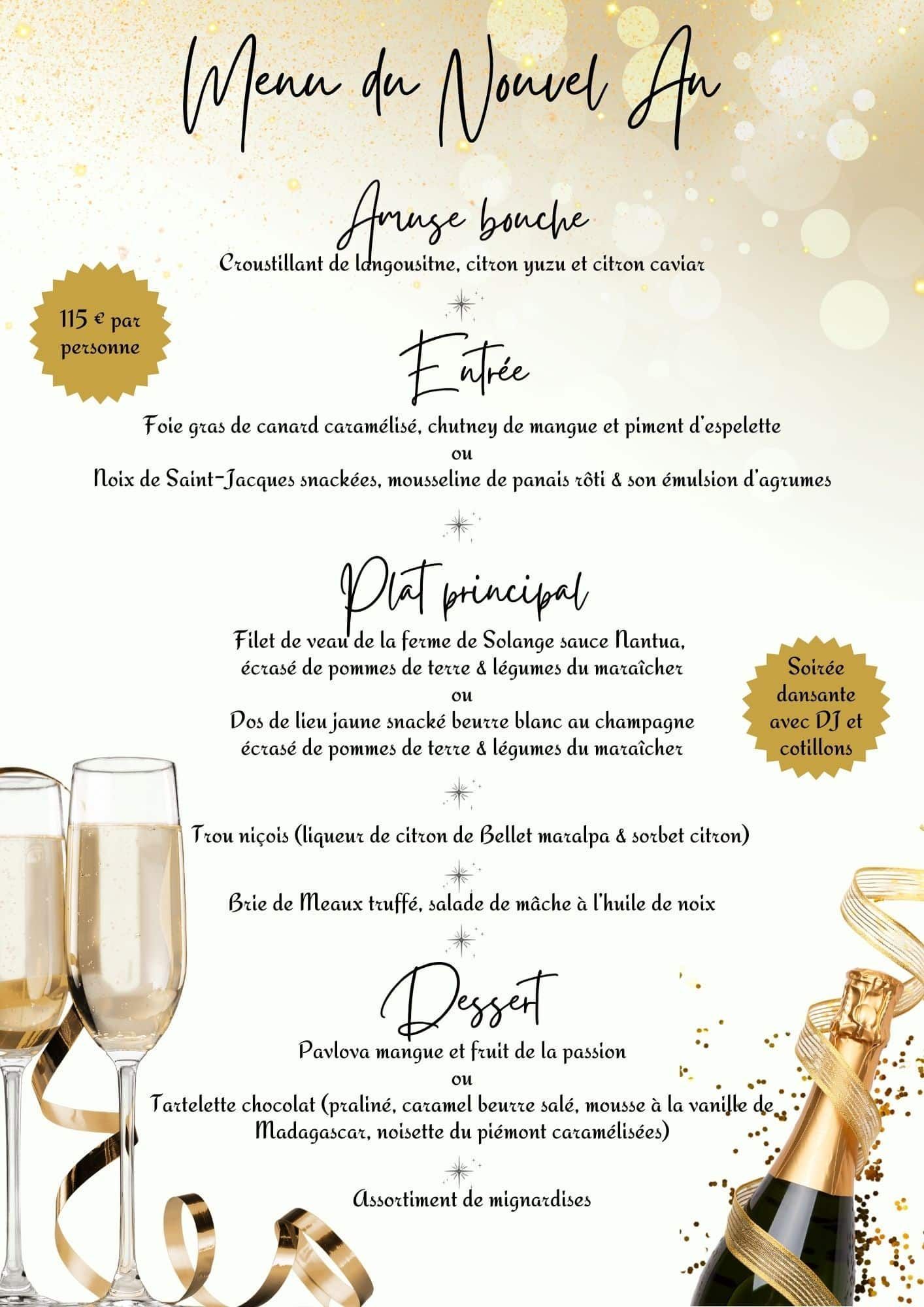 Un menu de restaurant sur le thème de l'or pour le réveillon du Nouvel An, avec des coupes de champagne et des plats allant de l'amuse-bouche au dessert.