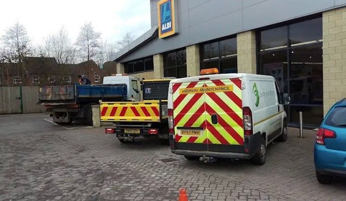 Wolverhampton Block Paving specialists County Groundforce carrying out block paving repair work at an Aldi Supermarket in the West Midlands
