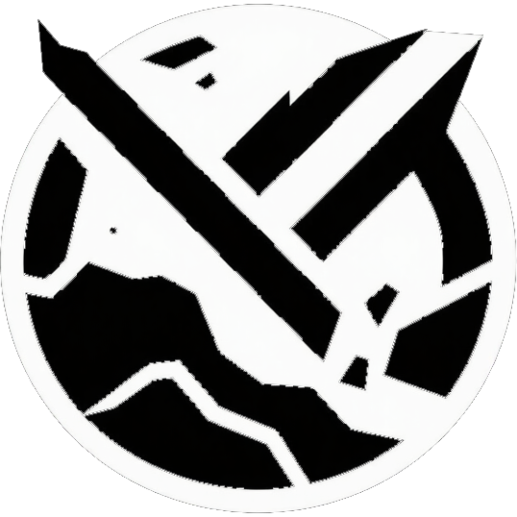 Logotipo circular negro con una línea diagonal sobre formas angulares blancas y negras.