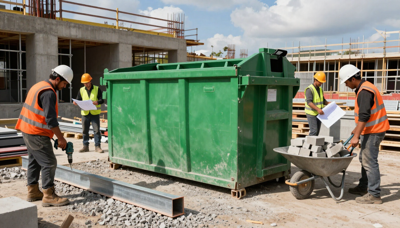 Obreros de la construcción, con chalecos y cascos de seguridad