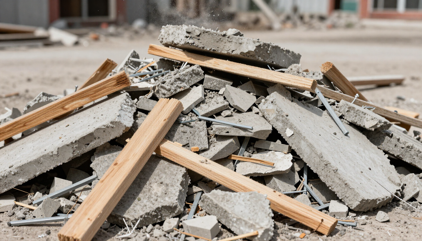 Montón de hormigón roto y escombros de madera en una obra de construcción.