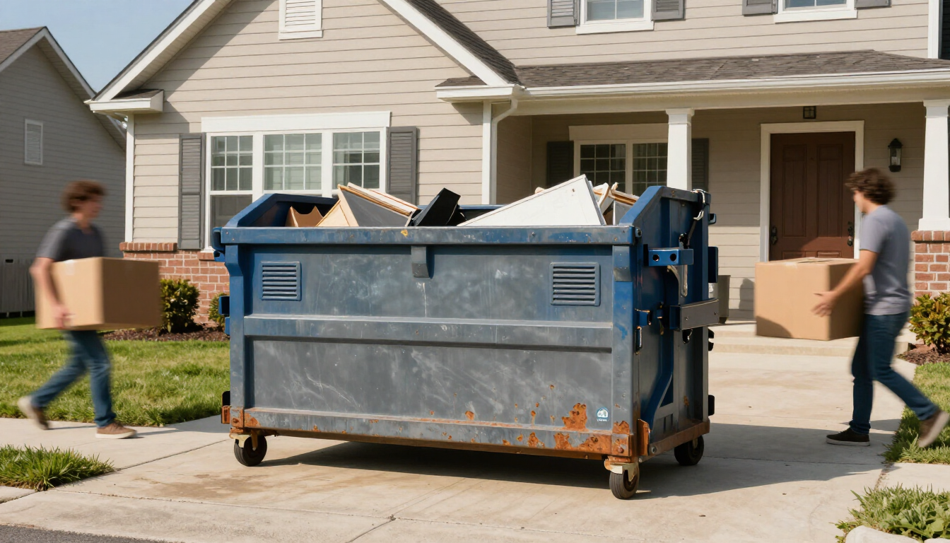 Dos trabajadores cargando un gran contenedor azul fuera de una casa suburbana.